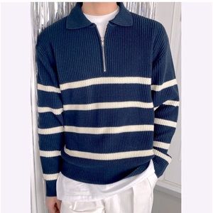 CHAPS 1/4 Zip Striped Navy Blue Pullover Sweater NWOT